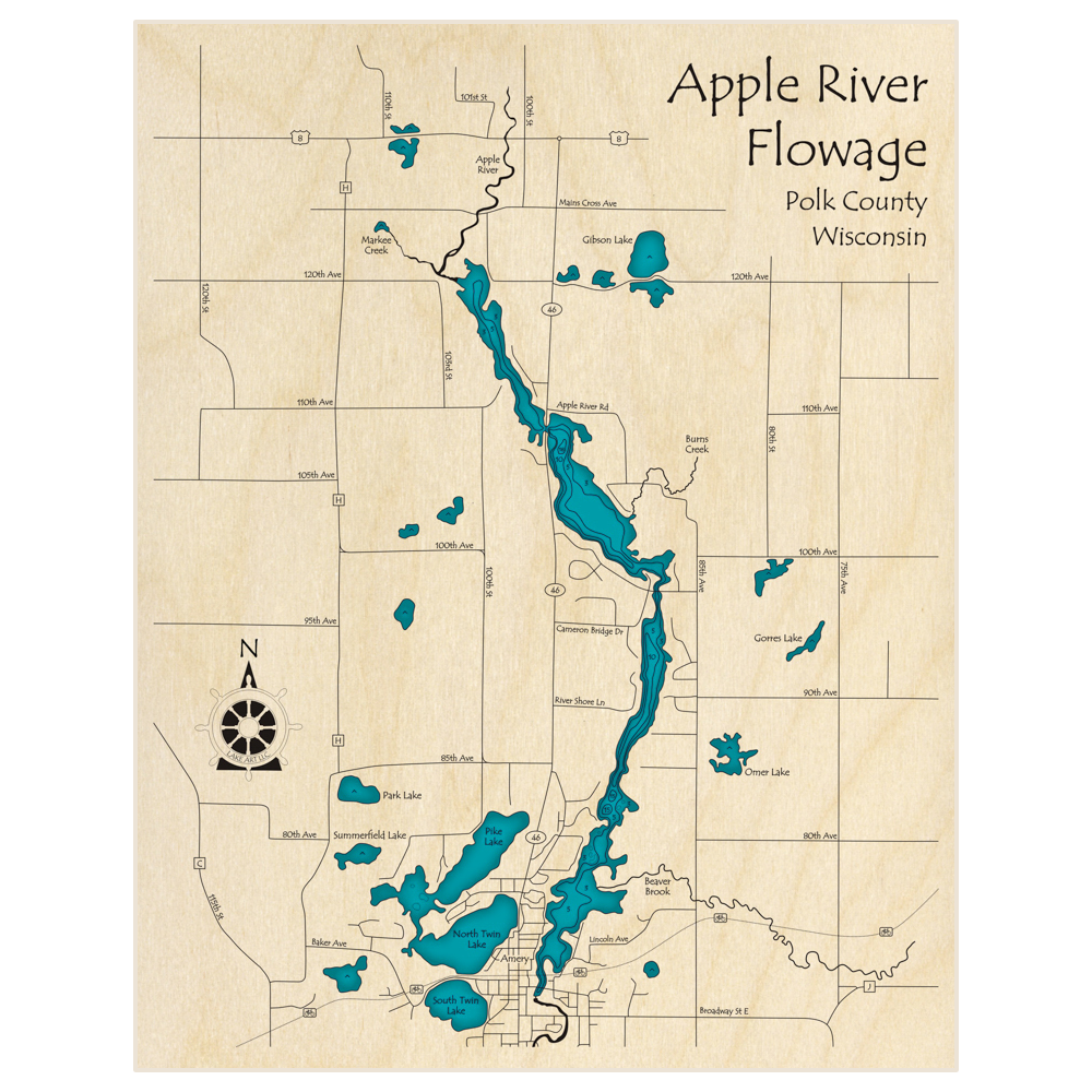 Bathymetric topo map of Apple River Flowage with roads, towns and depths noted in blue water