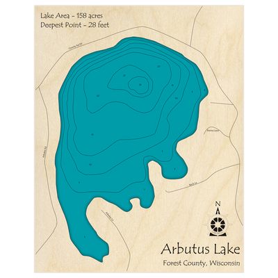 Bathymetric topo map of Arbutus Lake with roads, towns and depths noted in blue water