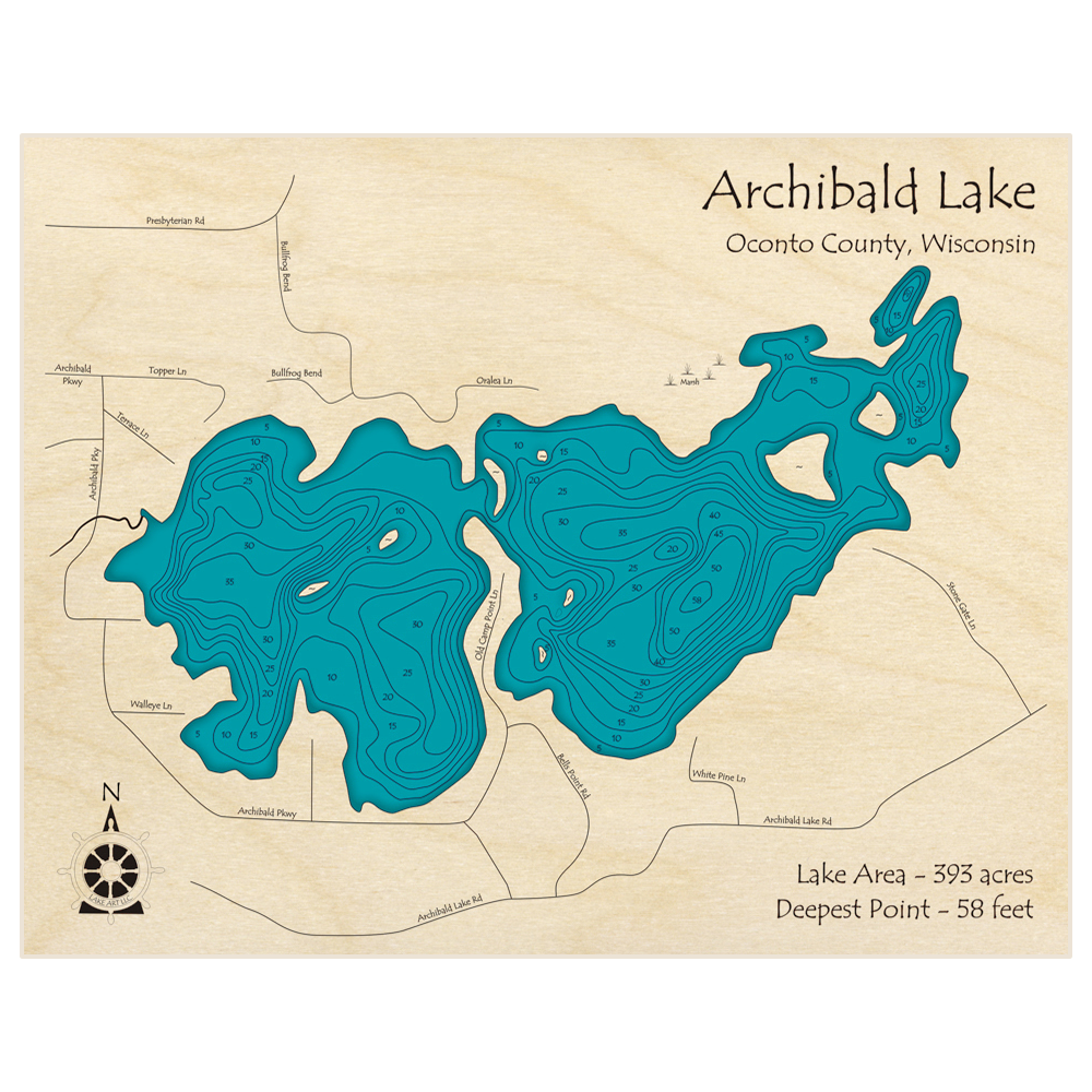 Bathymetric topo map of Archibald Lake with roads, towns and depths noted in blue water