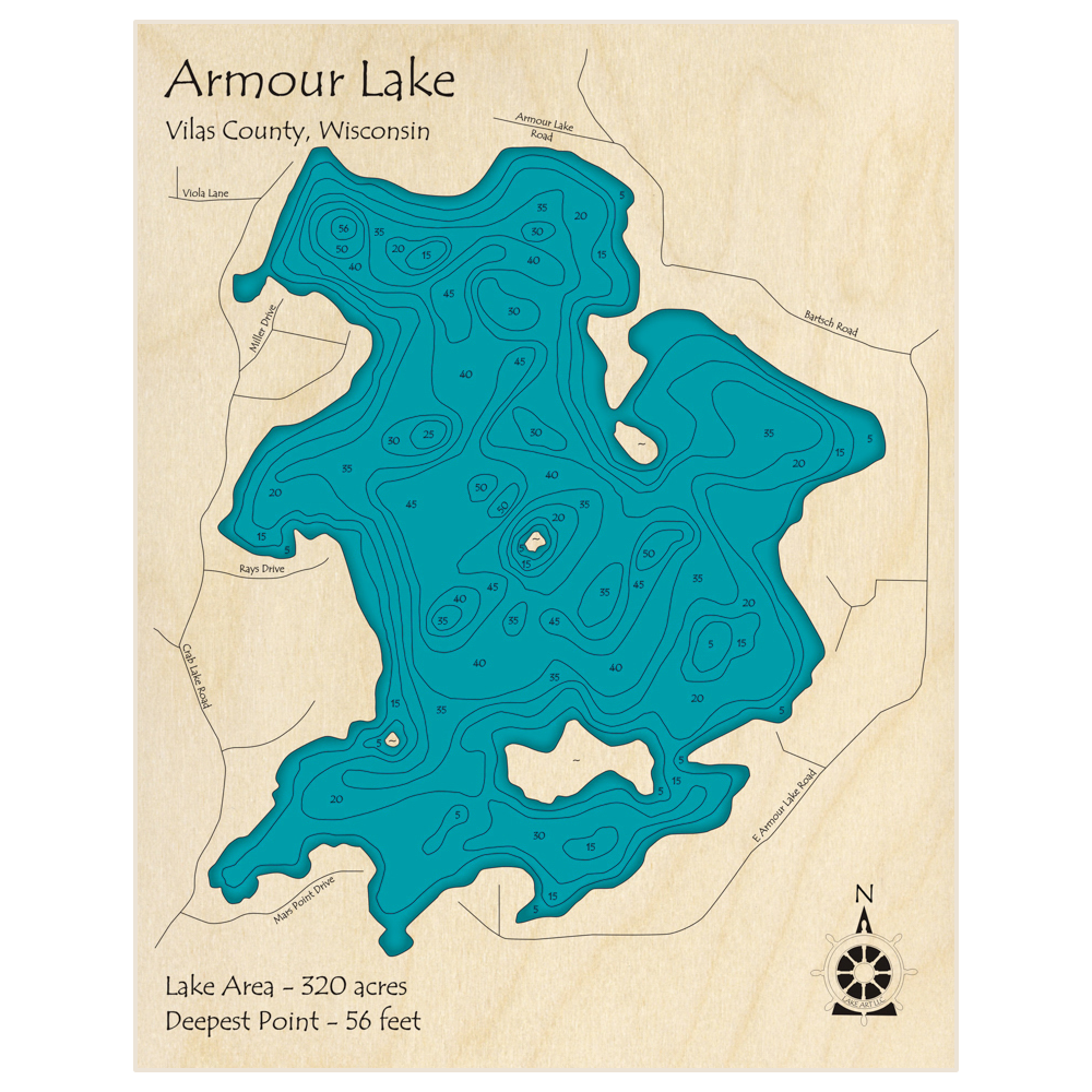 Bathymetric topo map of Armour Lake with roads, towns and depths noted in blue water