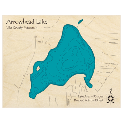 Bathymetric topo map of Arrowhead Lake with roads, towns and depths noted in blue water