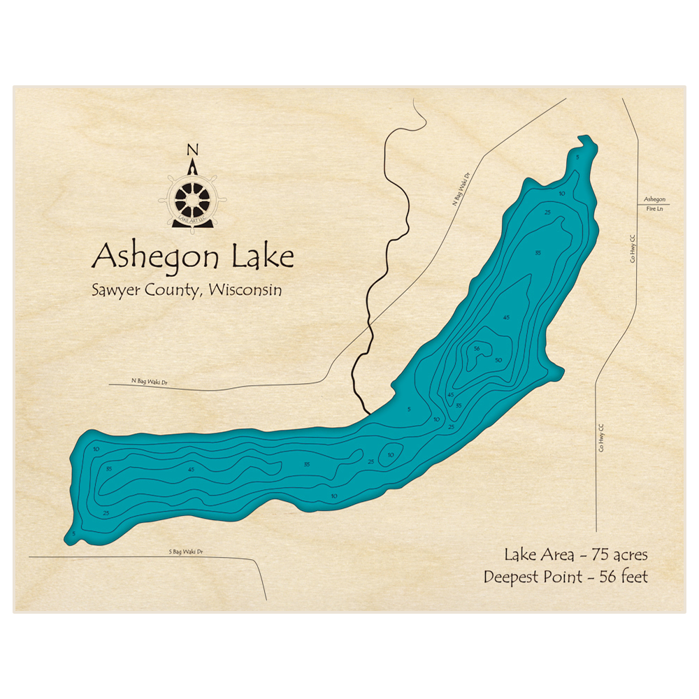 Bathymetric topo map of Ashegon Lake with roads, towns and depths noted in blue water