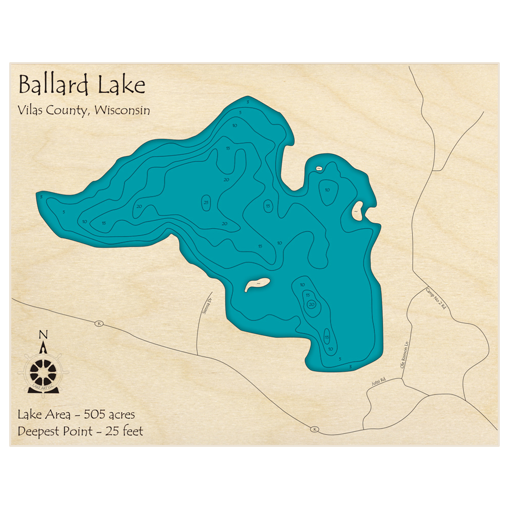 Bathymetric topo map of Ballard Lake with roads, towns and depths noted in blue water