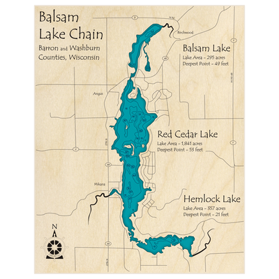 Bathymetric topo map of Balsam Lake Chain (With Red Cedar and Hemlock Lakes) with roads, towns and depths noted in blue water