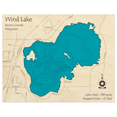 Bathymetric topo map of Wind Lake with roads, towns and depths noted in blue water