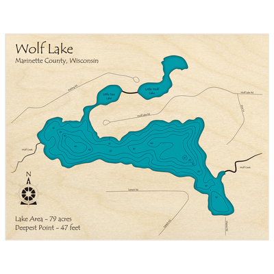 Bathymetric topo map of Wolf Lake with roads, towns and depths noted in blue water