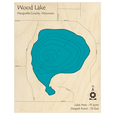 Bathymetric topo map of Wood Lake with roads, towns and depths noted in blue water