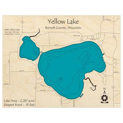 Bathymetric topo map of Yellow Lake (With Little Yellow Lake) with roads, towns and depths noted in blue water