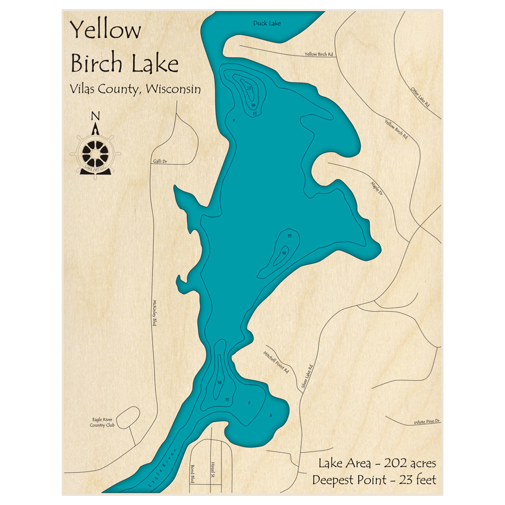 Bathymetric topo map of Yellow Birch Lake with roads, towns and depths noted in blue water