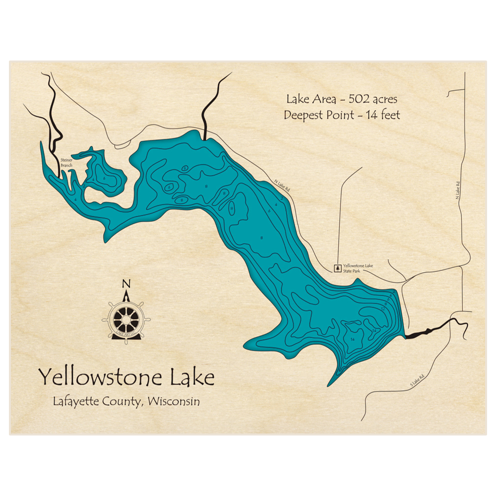 Bathymetric topo map of Yellowstone Lake with roads, towns and depths noted in blue water